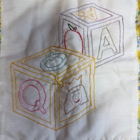 9 Panel Hand Embroidered Handsewn Baby Blanket Precious Moments Rabbit Duck Bear - Picture 12 of 12